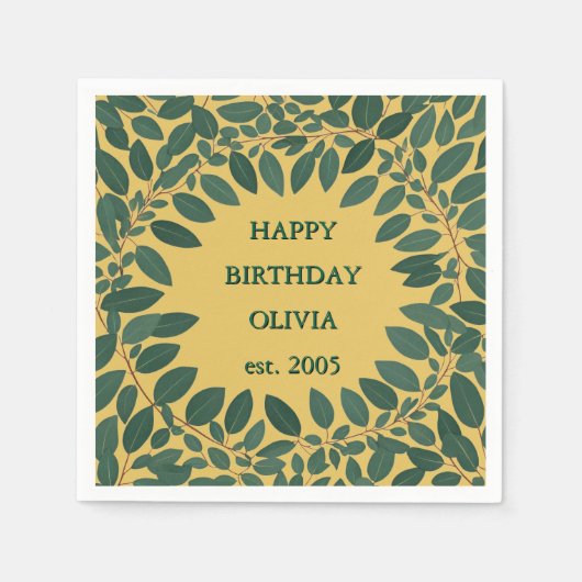 オリジナル テキスト ユーカリ フレーム - マスタードイエロー スタンダードカクテルナプキン (正面)