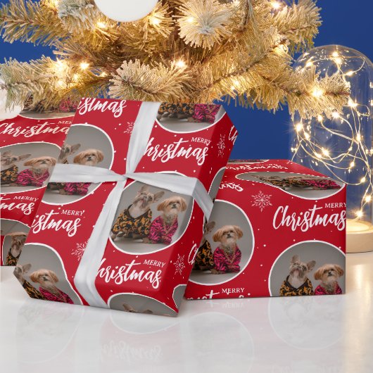 オリジナル ディープレッド メリークリスマス ワン サークル フォト ラッピングペーパー (クリスマス)