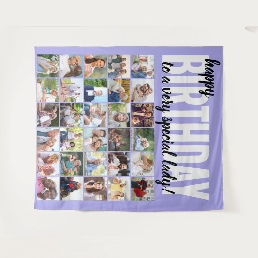 オリジナル ハッピーバースデー 30 枚の写真のコラージュ ラベンダー タペストリー (正面(横))