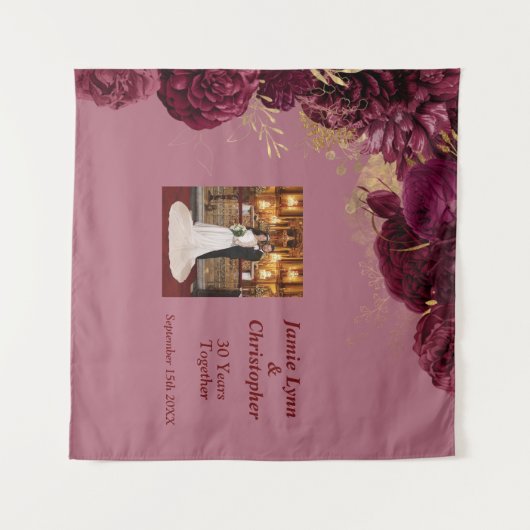 オリジナル バーガンディ フラワー ウェディング アニバーサリー タペストリー (正面(横))
