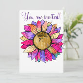 オリジナル ヒマワリ フラワー ペーパー パーティー ピンク & パープル 招待状 (スタンド正面)