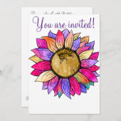 オリジナル ヒマワリ フラワー ペーパー パーティー ピンク & パープル 招待状 (正面/裏面)