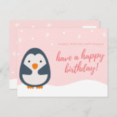 オリジナル - ピンクのイラストペンギンの誕生日 ポストカード (正面/裏面)