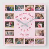オリジナル ピンク ファミリー カップル 14 枚の写真 コラージュを作成 スクエア壁時計 (正面)