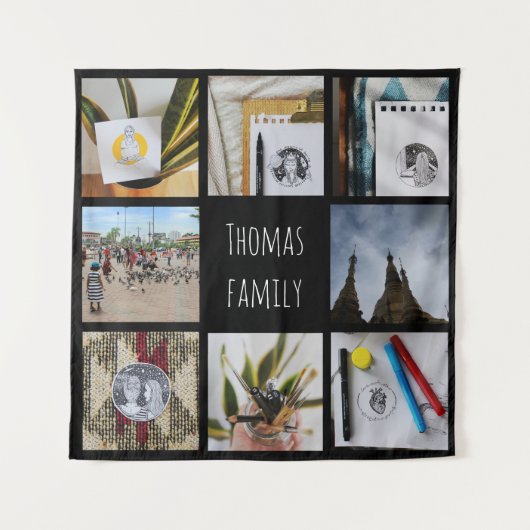 オリジナル ファミリー フォトと名前 インスタグラム コラージュ タペストリー (正面)