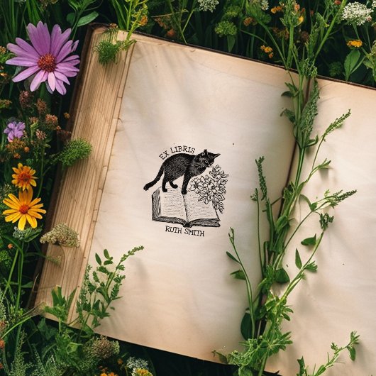 オリジナル フラワー Ex Libris アンティーク 猫の本 ラバースタンプ