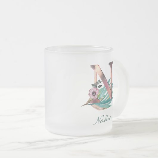 オリジナル フラワー N アルファベット 水彩 花 モノグラム フロストグラスマグカップ (正面右)