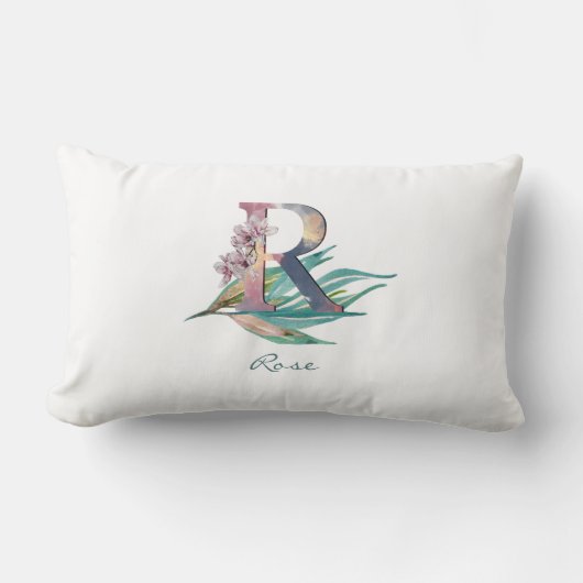 オリジナル フラワー R アルファベット 水彩 花 モノグラム ランバークッション (正面)