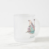 オリジナル フローラル エヌ 文字 ウォーターカラー 葉っぱ モノグラム フロストグラスマグカップ (正面右)