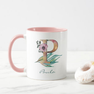 オリジナル フローラル P 文字 水彩 花 モノグラム マグカップ