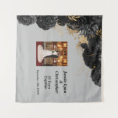 オリジナル ブラック フラワー ウェディング アニバーサリー タペストリー (正面(横))