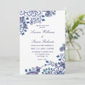 オリジナル ホワイト ダークブルー カラー ペイズリー ウェディング 招待状 (スタンド正面)