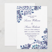 オリジナル ホワイト ダークブルー カラー ペイズリー ウェディング 招待状 (正面/裏面)