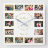 オリジナル ホワイト フェイクゴールド ファミリー フォト コラージュを作成 スクエア壁時計 (正面)