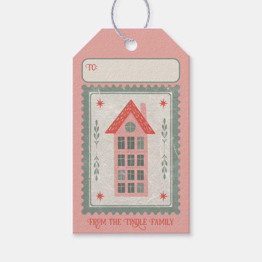 オリジナル ヴィンテージ ラスティック クランキーペーパー スタンプとリボン ギフトタグ (正面)