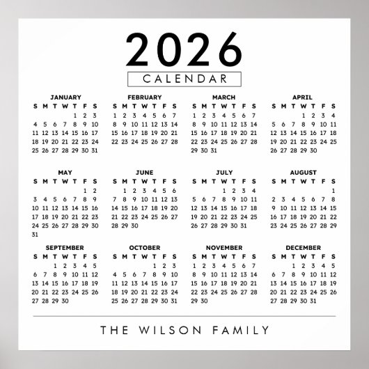 オリジナル 家族 名前 壁掛け カレンダー 2026 ポスター (正面)