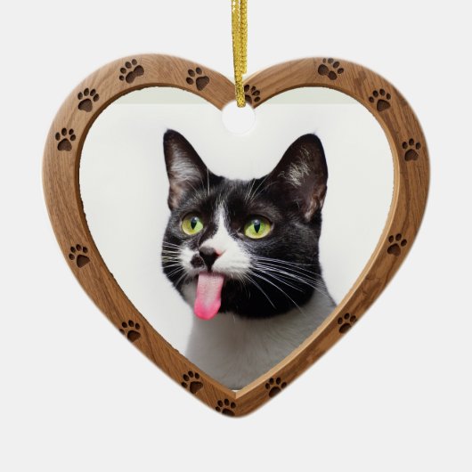 オリジナル 日付 名前 フォト 研磨済み ウッド ハート セラミックオーナメント (正面)