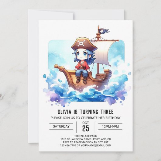 オリジナル・水彩画・海賊・誕生日 招待状 (正面)