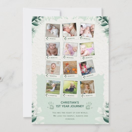 オリジナル 赤ちゃんの1年間の旅の フォトコラージュ 招待状 (正面)