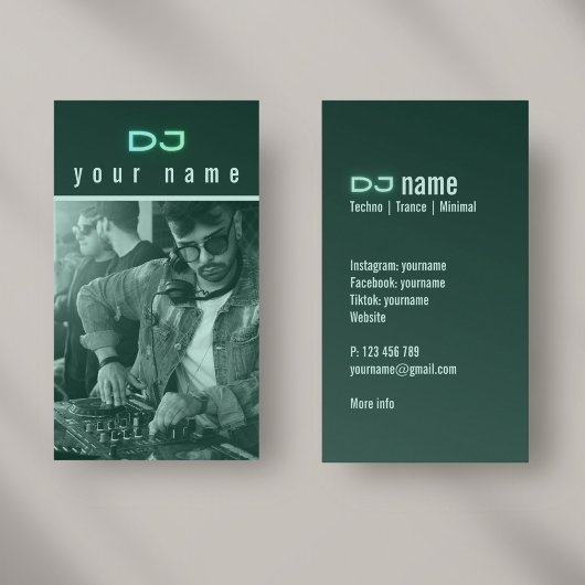 オリジナルDJ写真テクノグリーンビジネスカード 名刺