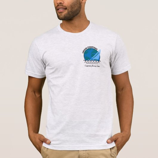 「オリジン・チャーターズ」ボートキャプテンアッシュ鮮やかな印刷 Tシャツ (正面)