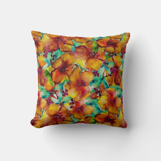 オリナオレンジ&グリーンハイビスカス水彩熱帯産 クッション (正面)