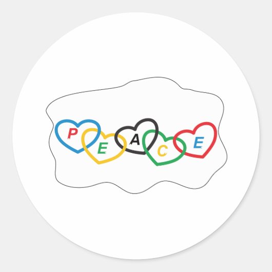 オリンピックの色と文字「平和」を持つハート ラウンドシール (正面)