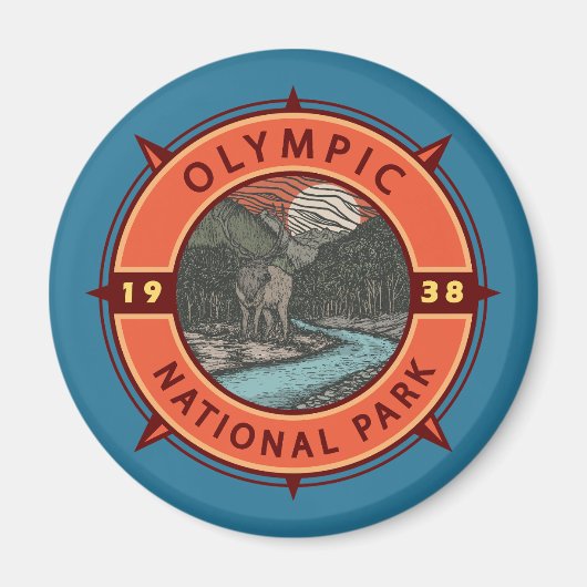 オリンピックナショナルパークルーズベルトエルクレトロコンパス マグネット (正面)