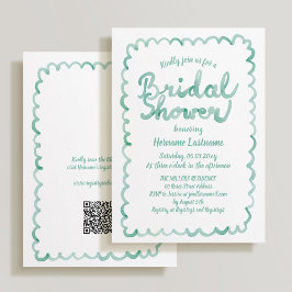 オリーブお洒落グリーンQRコードブライダルシャワー 招待状