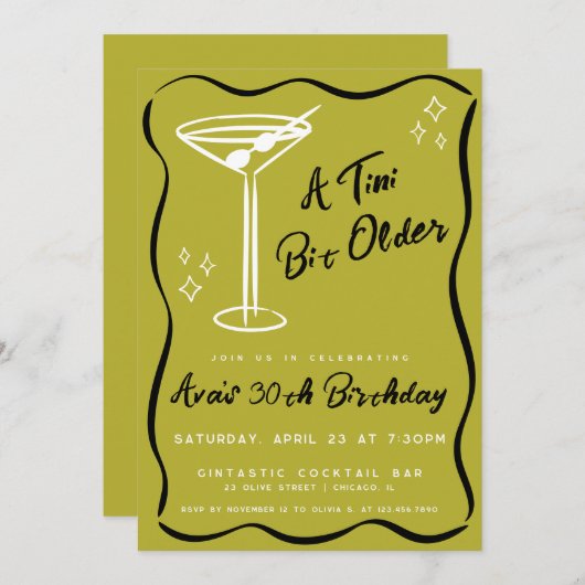オリーブお洒落ティニビットオールドマルチニ誕生日 招待状 (正面/裏面)