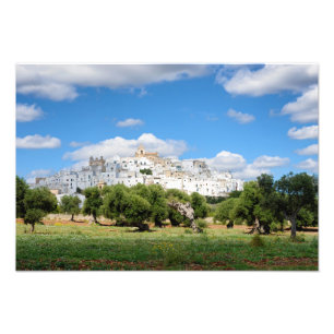 オリーブが付いている白い都市Ostuni、Pugliaのプリント フォトプリント