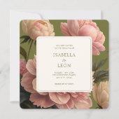 オリーブとアイボリー | ヴィンテージフローラ結婚バラ 招待状 (正面)