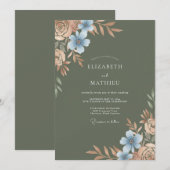 オリーブとアジュールブルーの花嫁衣裳の結婚式 招待状 (正面/裏面)