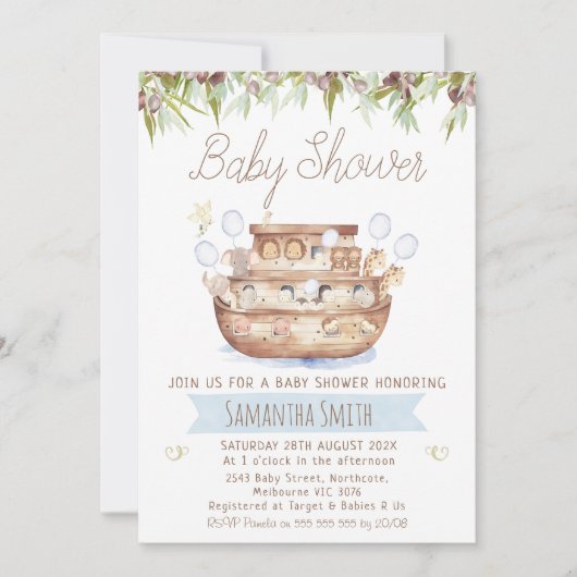 オリーブとウッドノアの箱舟の男の子の赤ちゃんシャワー 招待状 (正面)