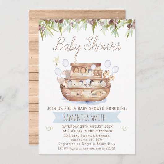 オリーブとウッドノアの箱舟の男の子の赤ちゃんシャワー 招待状 (正面/裏面)