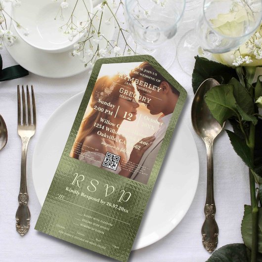 オリーブとセイジのグリーンシャイマー背景QRコード写真 オールインワン招待状