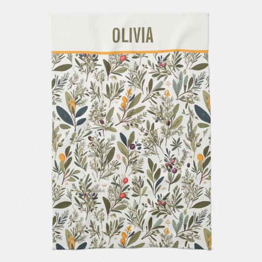 オリーブとハミニマルブエレガントパーソナライズされた キッチンタオル (縦)