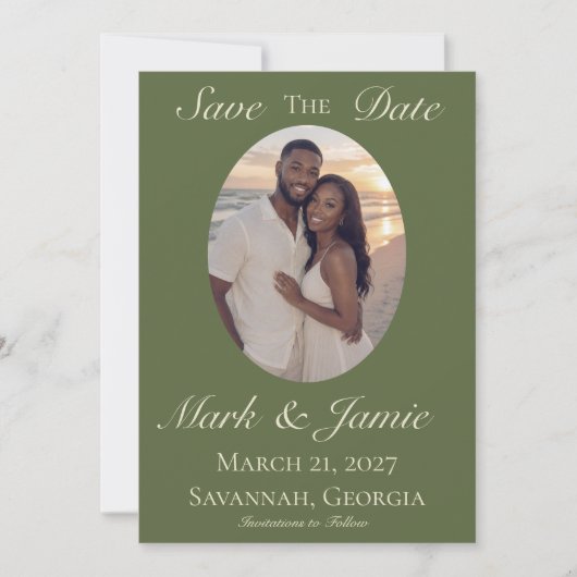 オリーブとベージュの結婚式延期通知 セーブザデート (正面)