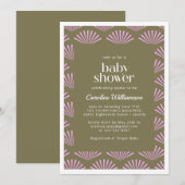 オリーブとライラックのベイビーシャワーのアートデコファン 招待状 (正面/裏面)
