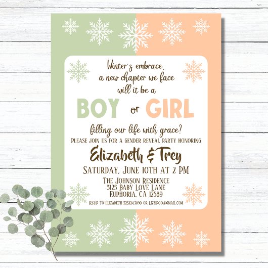 オリーブと桃の冬の雪片ジェンダーの明け 招待状