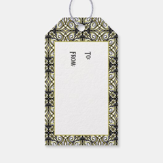 オリーブと黒のフィリパターン（の模様が）あるグリー ギフトタグ (裏面)