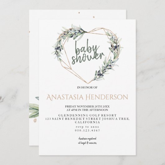 オリーブのスパイス – 赤ちゃんシャワー招待状。 (正面/裏面)