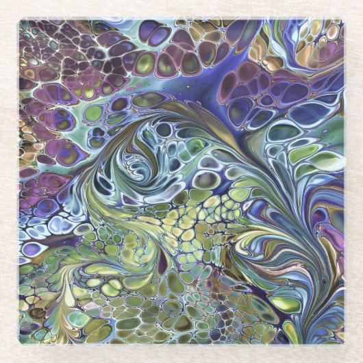 オリーブのセージ緑、紫の青のブルゴーニュ抽象芸術c ガラスコースター (正面)