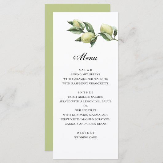 オリーブのメニュー。イタリアンウェディング。グリーンの食事メニュー メニュー (正面/裏面)