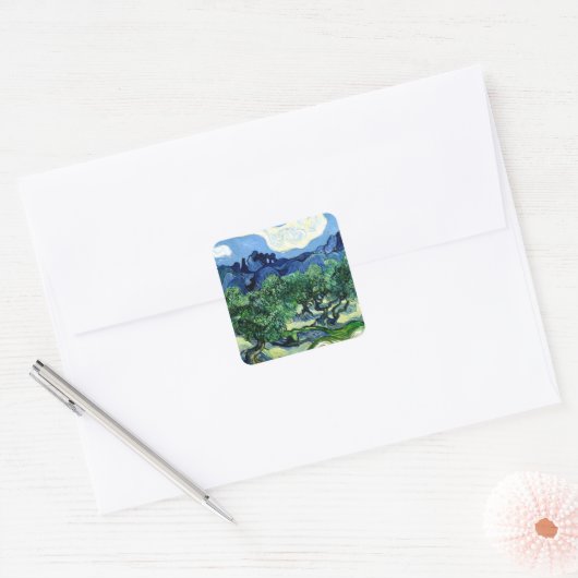 オリーブの木とアルピレスの風景アートバンゴッホ スクエアシール (封筒)