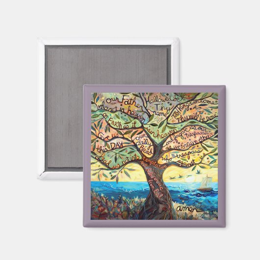 オリーブの木の四角い磁石に私たちの父の祈りの言葉 マグネット (正面/裏面)