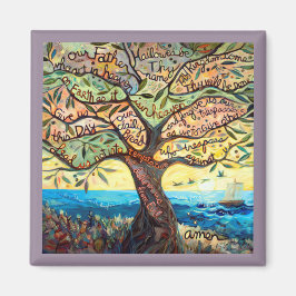 オリーブの木の四角い磁石に私たちの父の祈りの言葉 マグネット