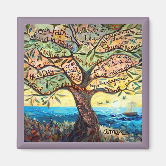 オリーブの木の四角い磁石に私たちの父の祈りの言葉 マグネット (正面)