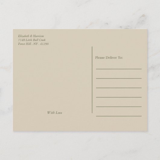 オリーブの木の枝素朴、結婚式の日付を保存 案内ポストカード (裏面)