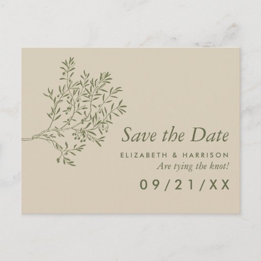 オリーブの木の枝素朴、結婚式の日付を保存 案内ポストカード (正面)